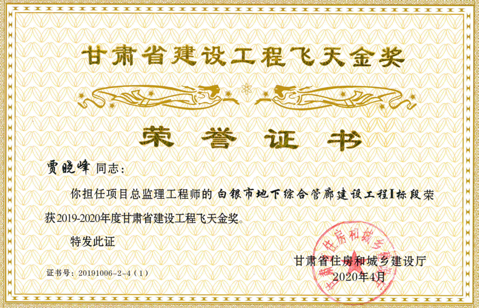 飛天金獎——白銀市地下綜合管廊項目總監(jiān)賈曉峰